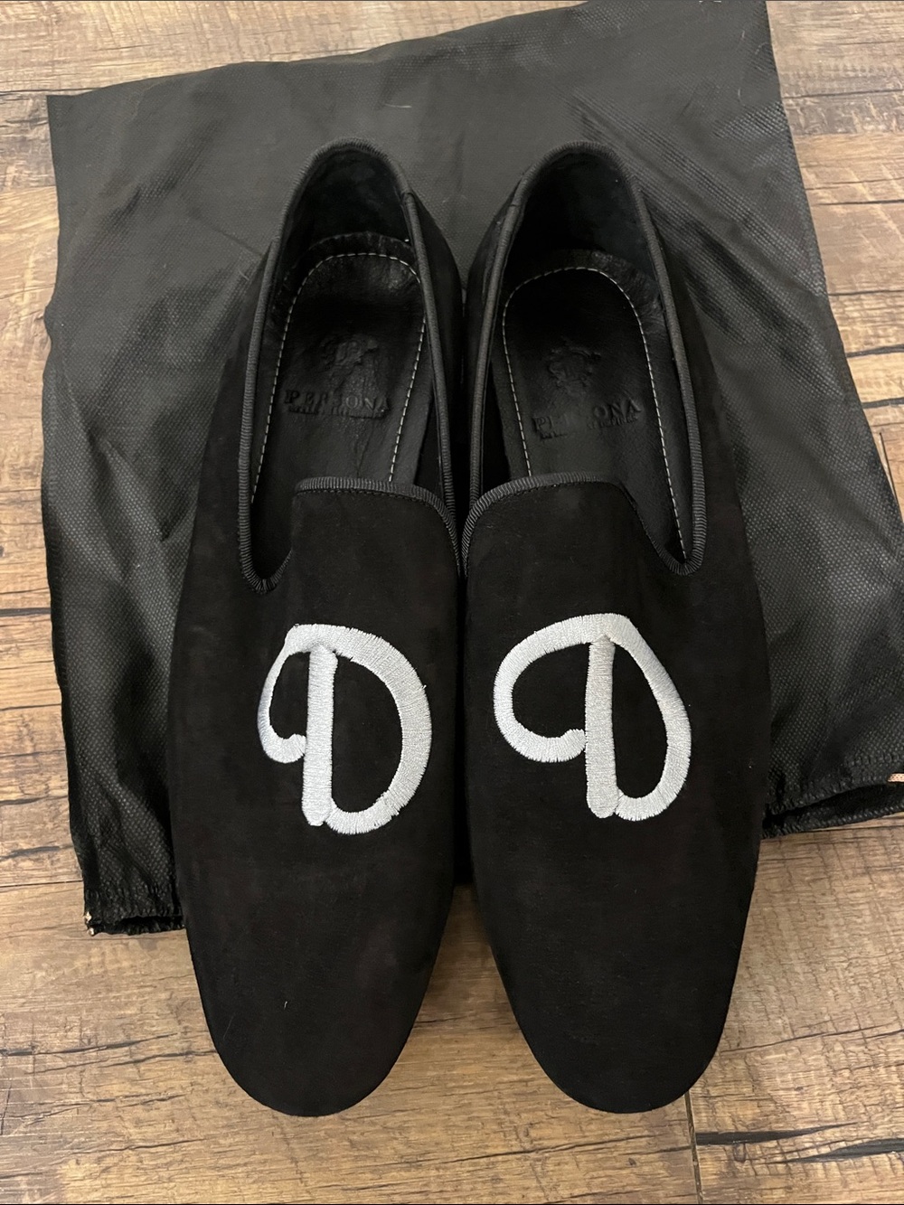 CUSTOM - Black Suede Loafers with gray “D” Monogram - Men's Slip-On Dress Shoes